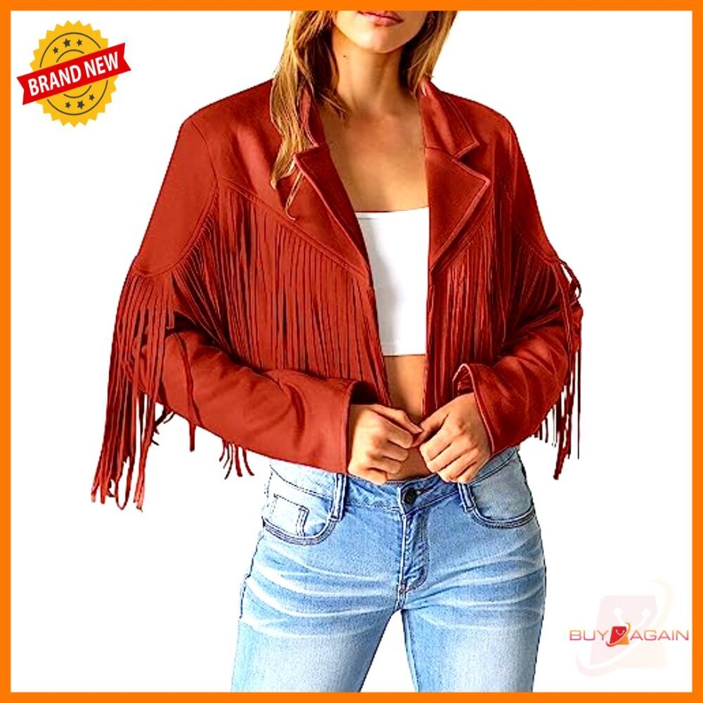 Faux Suede Cropped Motorcycle Jacket with Fringe Tassel Design - Picture 2 of 7